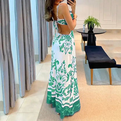 Stylish Printed Backless Vacation Dress - # WOAA211410003-PRG