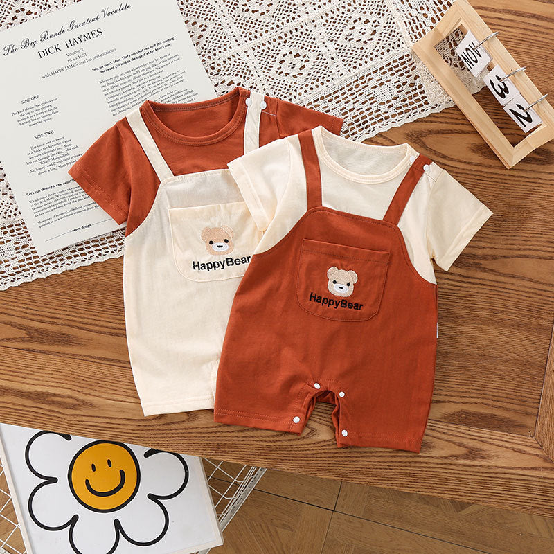 Summer Baby Two-piece Strap Jumpsuit | With Bear Embroidery - # BAAA51210042