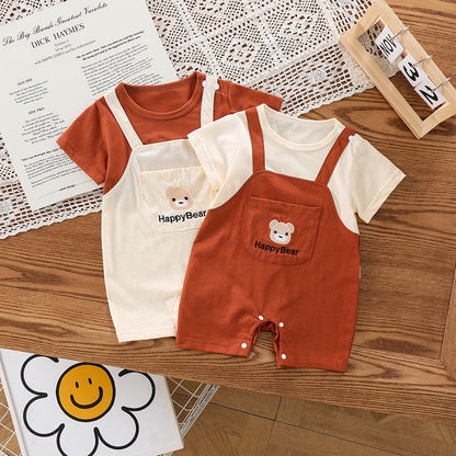 Summer Baby Two-piece Strap Jumpsuit | With Bear Embroidery - # BAAA51210042