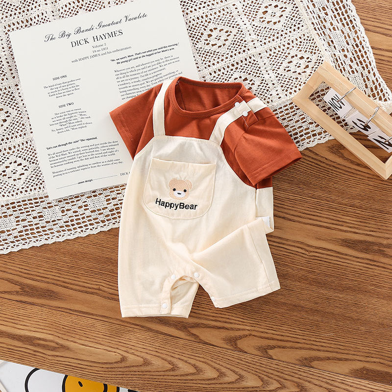 Summer Baby Two-piece Strap Jumpsuit | With Bear Embroidery - # BAAA51210042