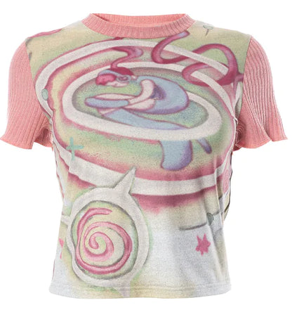 Sweet Girl Pink Plunge Sleeve Color Block T-shirt - # GIAA23510025