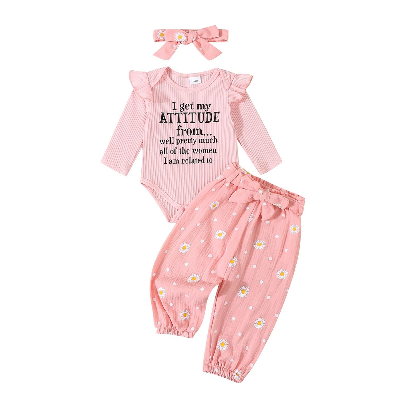 Tsnbre Newborn Infant Girl Outfits | Ribbed Knit Romper + Daisy Print Pants + Headband | Baby Clothes for Girls | Pink | 0-3 Months - # BAAA71710017