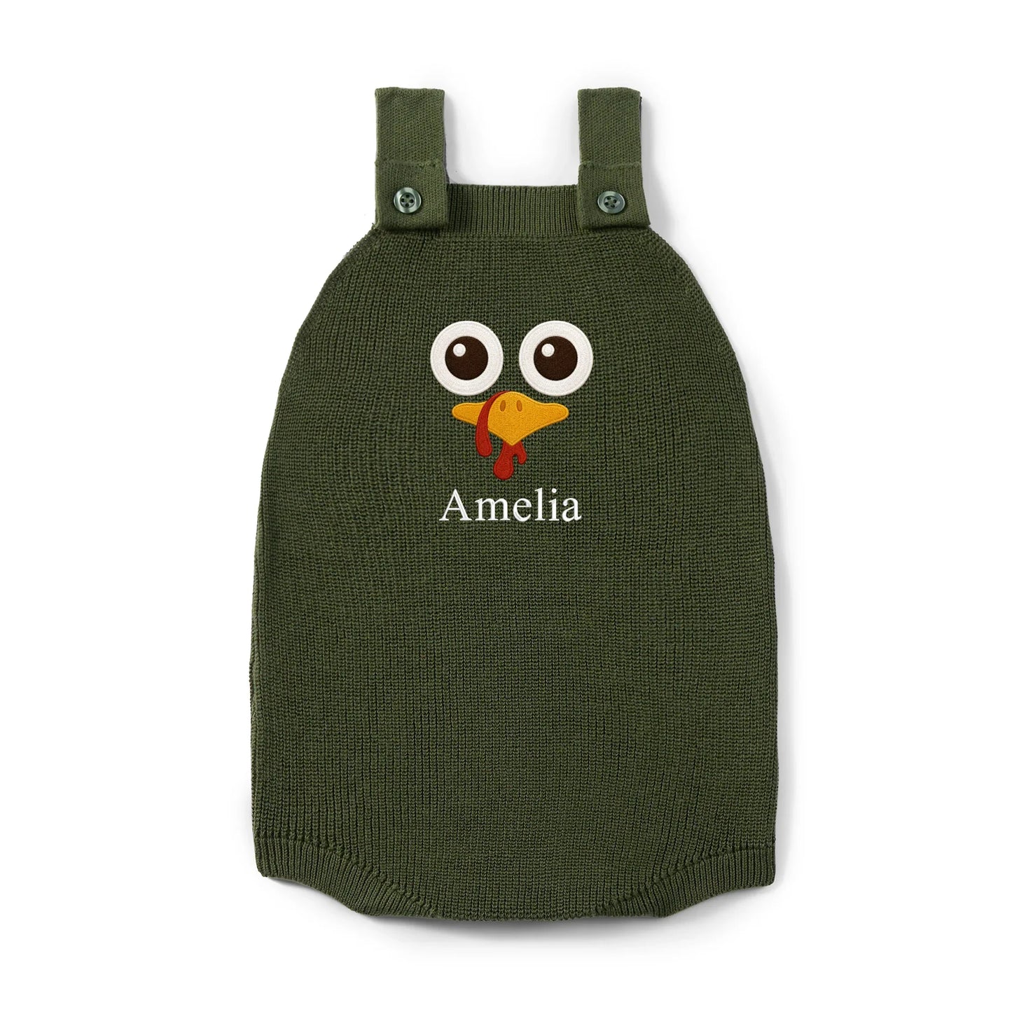 Personalized Turkey Thanksgiving Name Knit Button Strap Romper