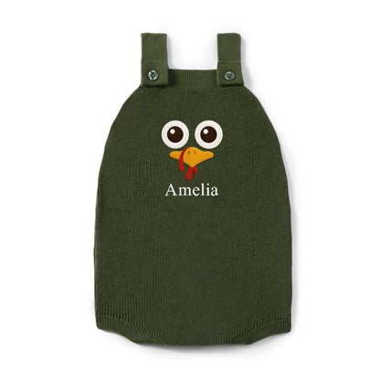 Personalized Turkey Thanksgiving Name Knit Button Strap Romper