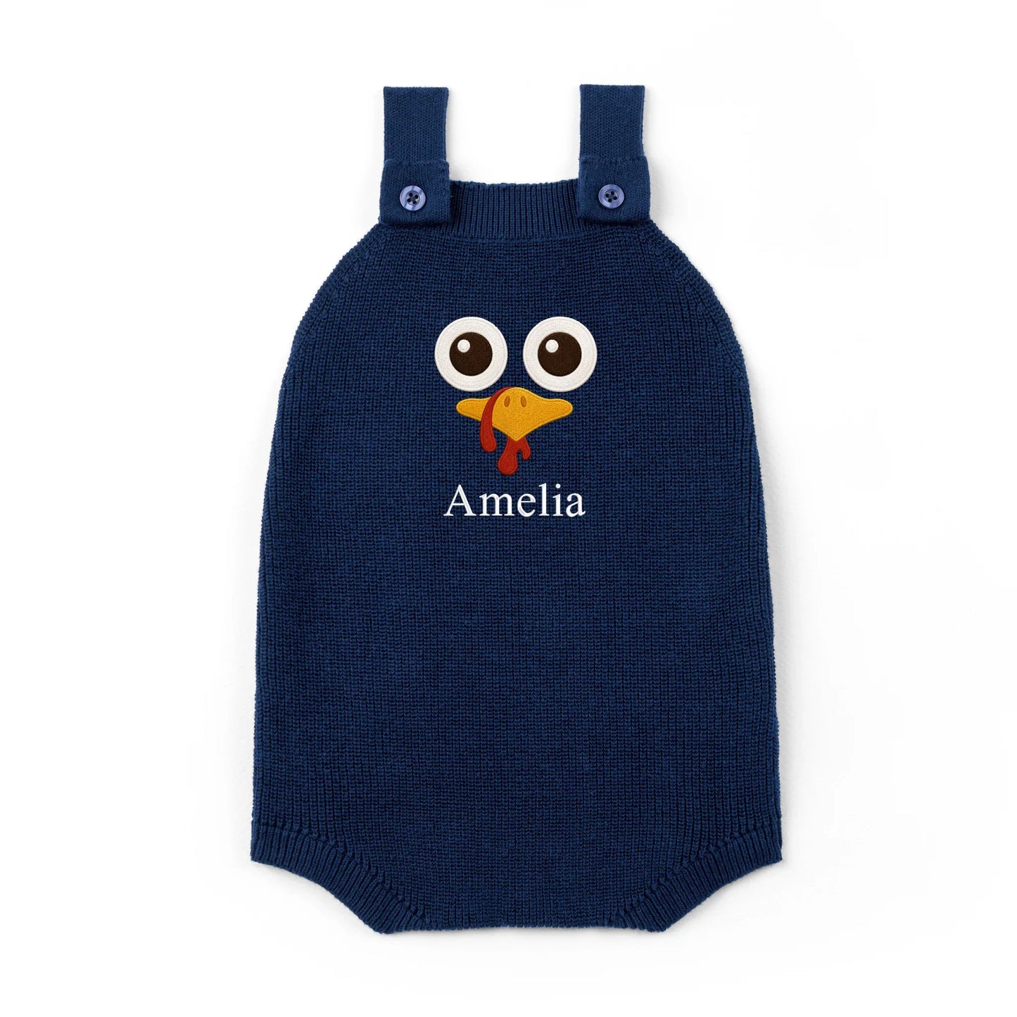 Personalized Turkey Thanksgiving Name Knit Button Strap Romper