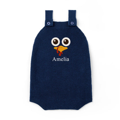 Personalized Turkey Thanksgiving Name Knit Button Strap Romper