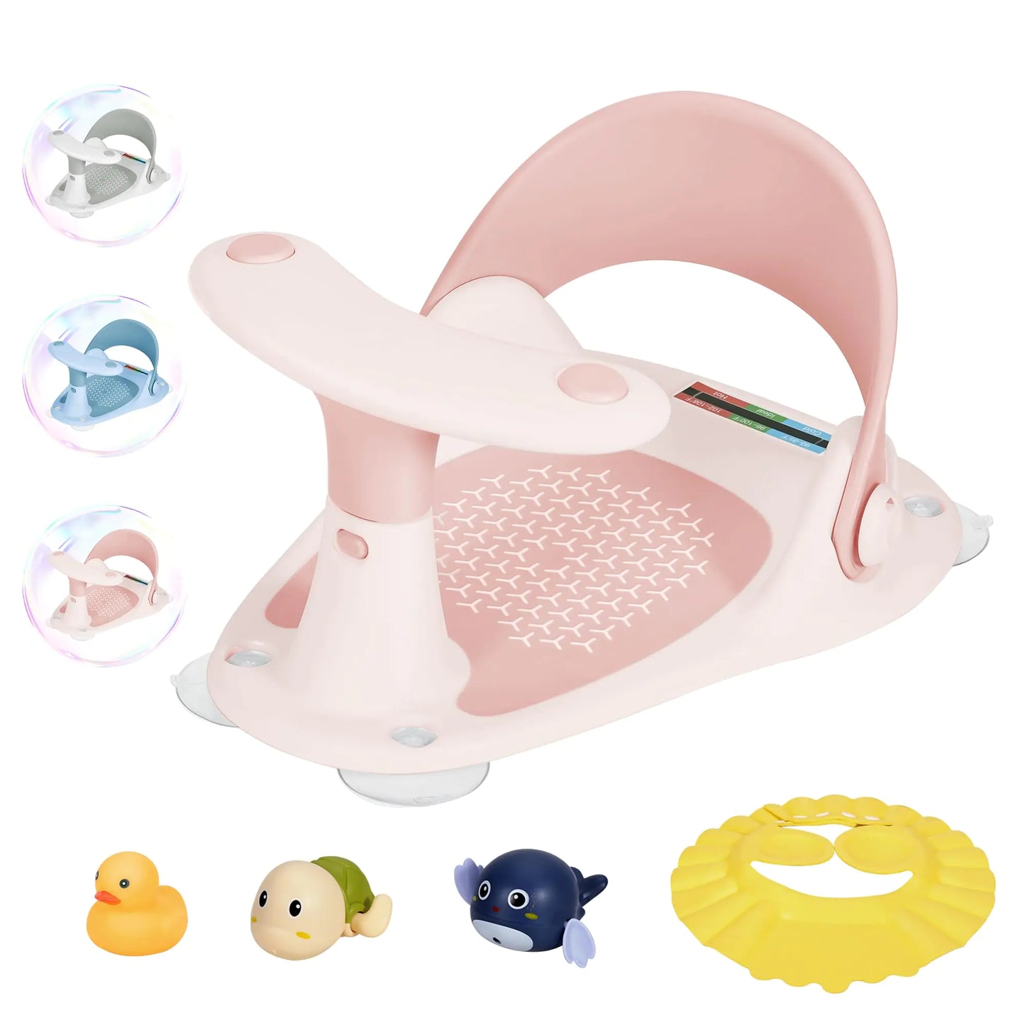 Wddbb Baby Bath Seat 6-24 Months | Baby Bath Support | Toddler Bath Seat with Water Thermometer | 4 Strong Suction Cup/3 Bath Toys/Shower Cap Baby Bath Seats for Sitting up in The tub(Pink) - # BAGE11110014