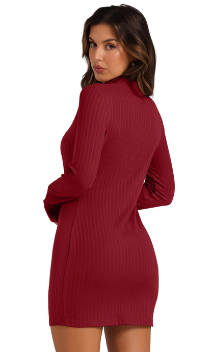 WIHOLL Womens Mock Neck Bodycon Dresses Long Sleeve Mini Dress Slim Fit Casual Red Large - # GIAA231710012
