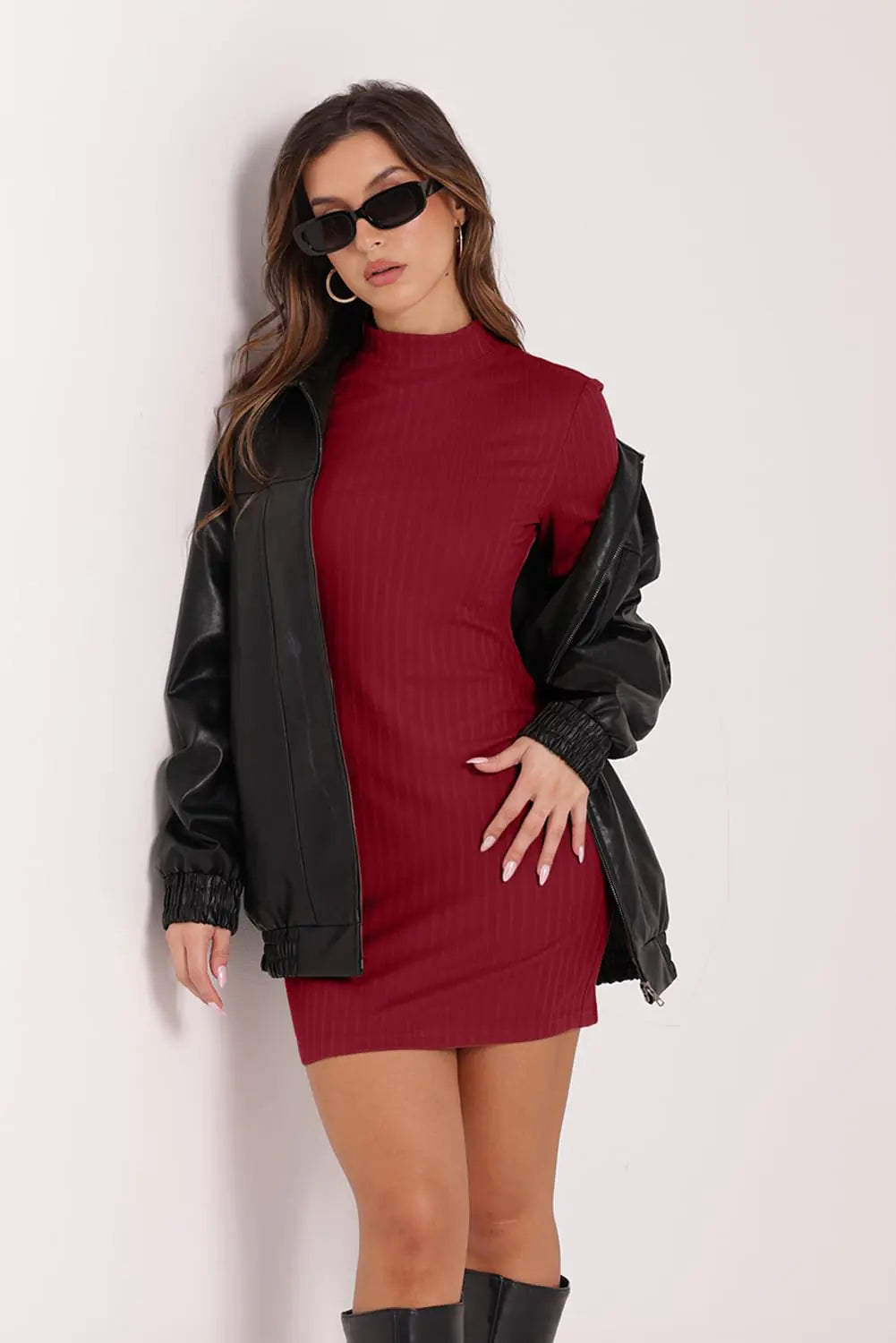 WIHOLL Womens Mock Neck Bodycon Dresses Long Sleeve Mini Dress Slim Fit Casual Red Large - # GIAA231710012