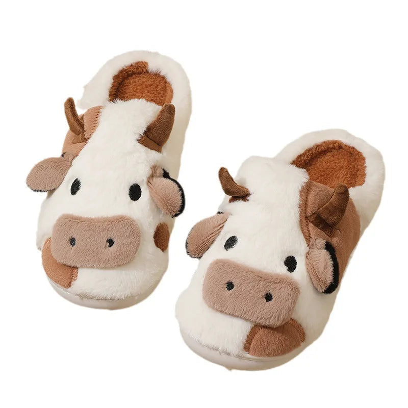 Winter Unisex Cute Cartoon Cow Warm Plush Slippers - # GIAA73610003