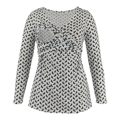 Women Deep V-Neck Long Sleeve Printed Maternity & Nursing T-Shirt - # PRGTA11310027 & NURSGA11110113