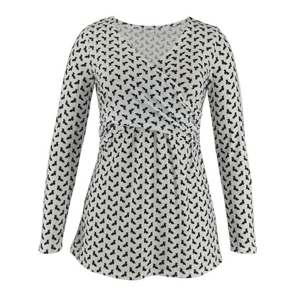 Women Deep V-Neck Long Sleeve Printed Maternity & Nursing T-Shirt - # PRGTA11310027 & NURSGA11110113