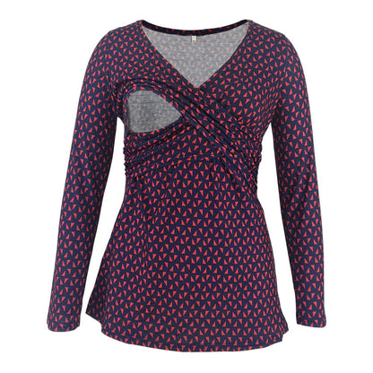 Women Deep V-Neck Long Sleeve Printed Maternity & Nursing T-Shirt - # PRGTA11310027 & NURSGA11110113