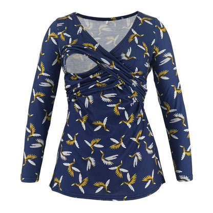 Women Deep V-Neck Long Sleeve Printed Maternity & Nursing T-Shirt - # PRGTA11310027 & NURSGA11110113