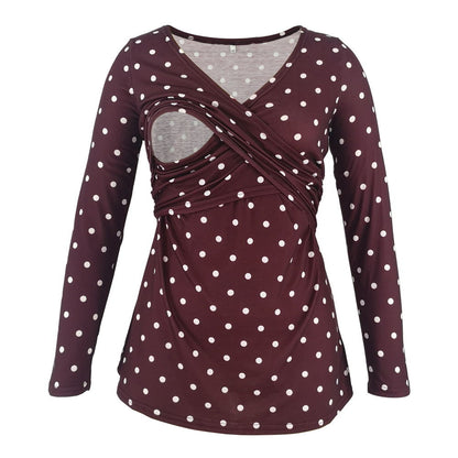 Women Deep V-Neck Long Sleeve Printed Maternity & Nursing T-Shirt - # PRGTA11310027 & NURSGA11110113
