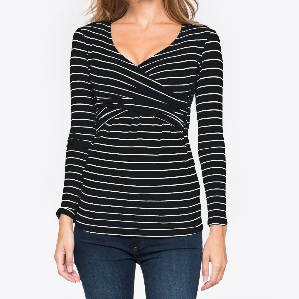 Women Deep V-Neck Long Sleeve Printed Maternity & Nursing T-Shirt - # PRGTA11310027 & NURSGA11110113