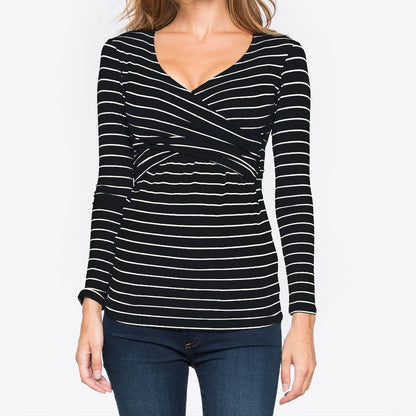 Women Deep V-Neck Long Sleeve Printed Maternity & Nursing T-Shirt - # PRGTA11310027 & NURSGA11110113