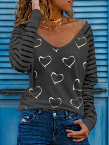Women Printed V-Neck Long Sleeve All-Match T-Shirt - # GIAA23510054