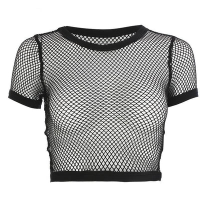 Women Short Sleeve T-Shirt with Sheer Mesh Layering Top - # GIAA23510050