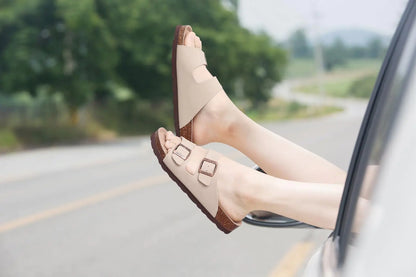 Women's Cork Footbed Slide Sandal, Comfortable Summer Beach Sandals with Adjustable Buckle 7.5 Stone - # GIAA73510007