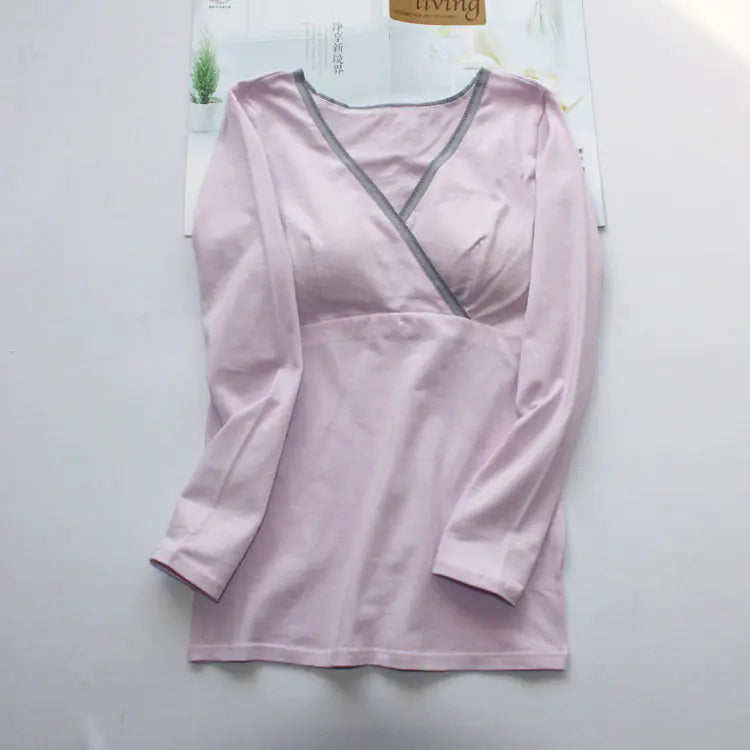 Women's Cotton Nursing Top, Long Sleeve V-Neck T-Shirt - # NURSGA11110105