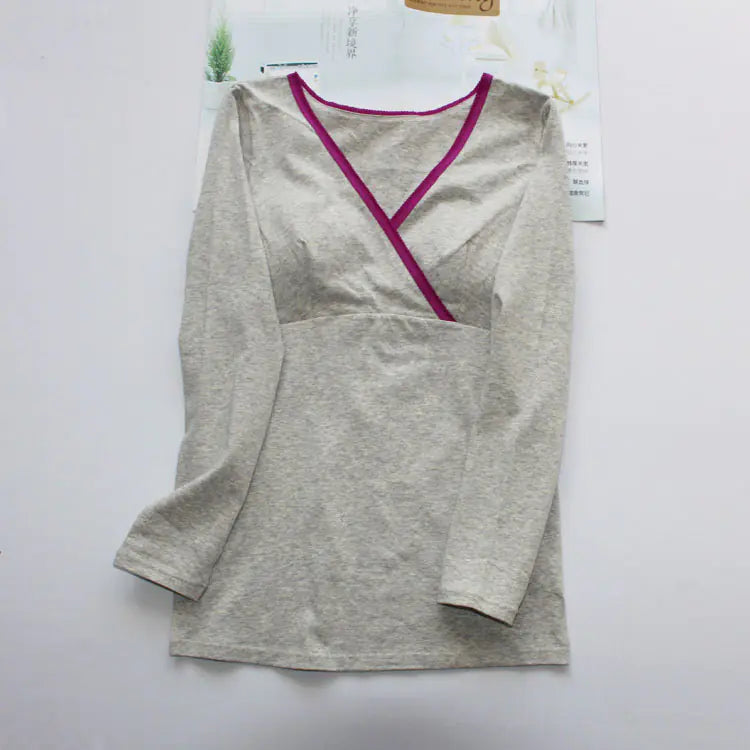 Women's Cotton Nursing Top, Long Sleeve V-Neck T-Shirt - # NURSGA11110105