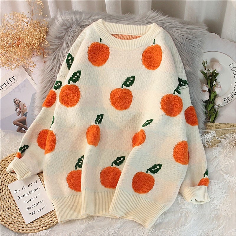 Women's Fruit Jacquard Loose Round Neck Sweater - # GIAA23510041