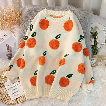 Women's Fruit Jacquard Loose Round Neck Sweater - # GIAA23510041