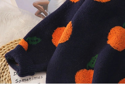 Women's Fruit Jacquard Loose Round Neck Sweater - # GIAA23510041
