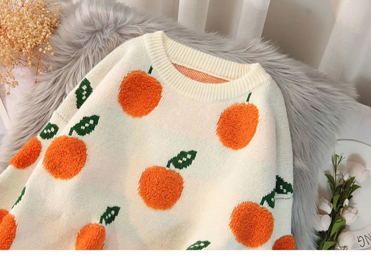 Women's Fruit Jacquard Loose Round Neck Sweater - # GIAA23510041