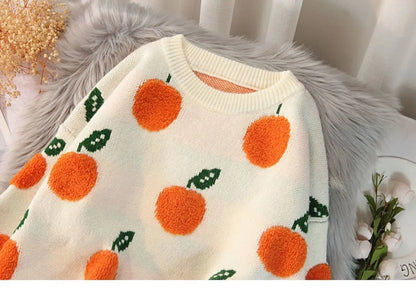 Women's Fruit Jacquard Loose Round Neck Sweater - # GIAA23510041