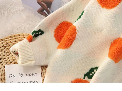 Women's Fruit Jacquard Loose Round Neck Sweater - # GIAA23510041