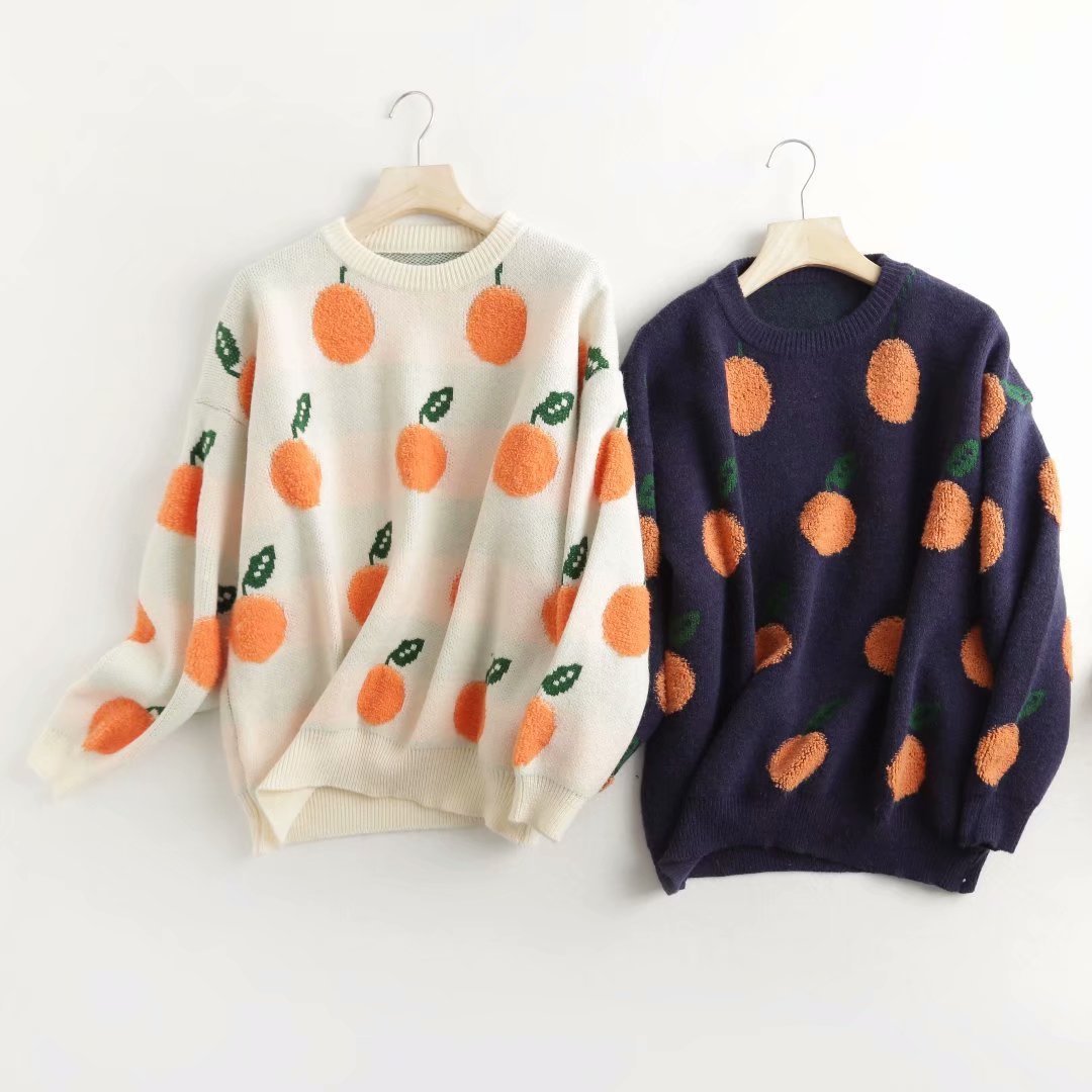 Women's Fruit Jacquard Loose Round Neck Sweater - # GIAA23510041
