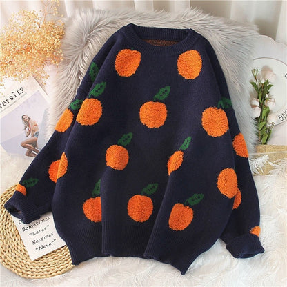 Women's Fruit Jacquard Loose Round Neck Sweater - # GIAA23510041