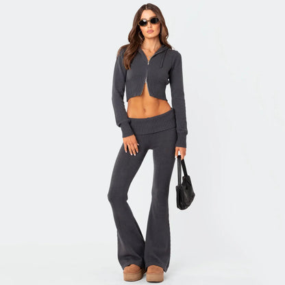 Women's High-Waist Knit Hooded Set: Fashionable Long-Sleeve Top & Trousers - # GIAA23410012