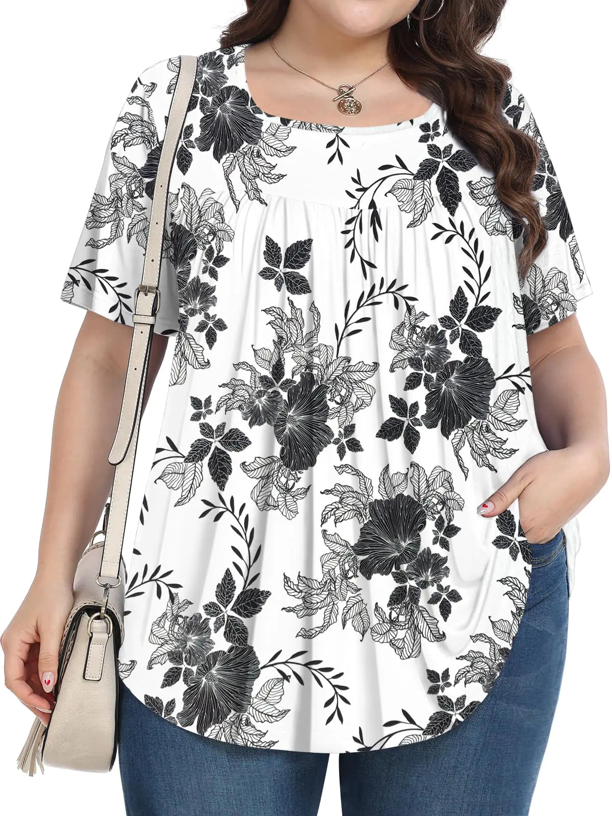 Womens Plus Size Tops Summer Blouses Tunic Short Sleeve Dressy Casual Loose Shirts 1X-5X White Ink Flower X-Large - # WOAA21510015-PRG