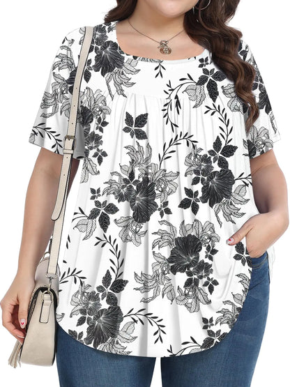 Womens Plus Size Tops Summer Blouses Tunic Short Sleeve Dressy Casual Loose Shirts 1X-5X White Ink Flower X-Large - # WOAA21510015-PRG