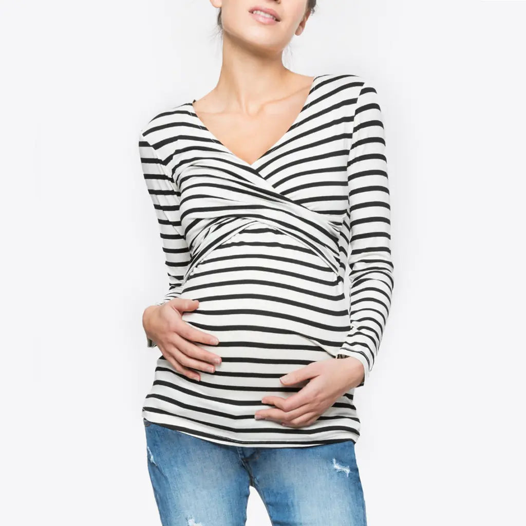 Women's Striped Long Sleeve V Neck Nursing T-Shirt - # NURSGA11110104