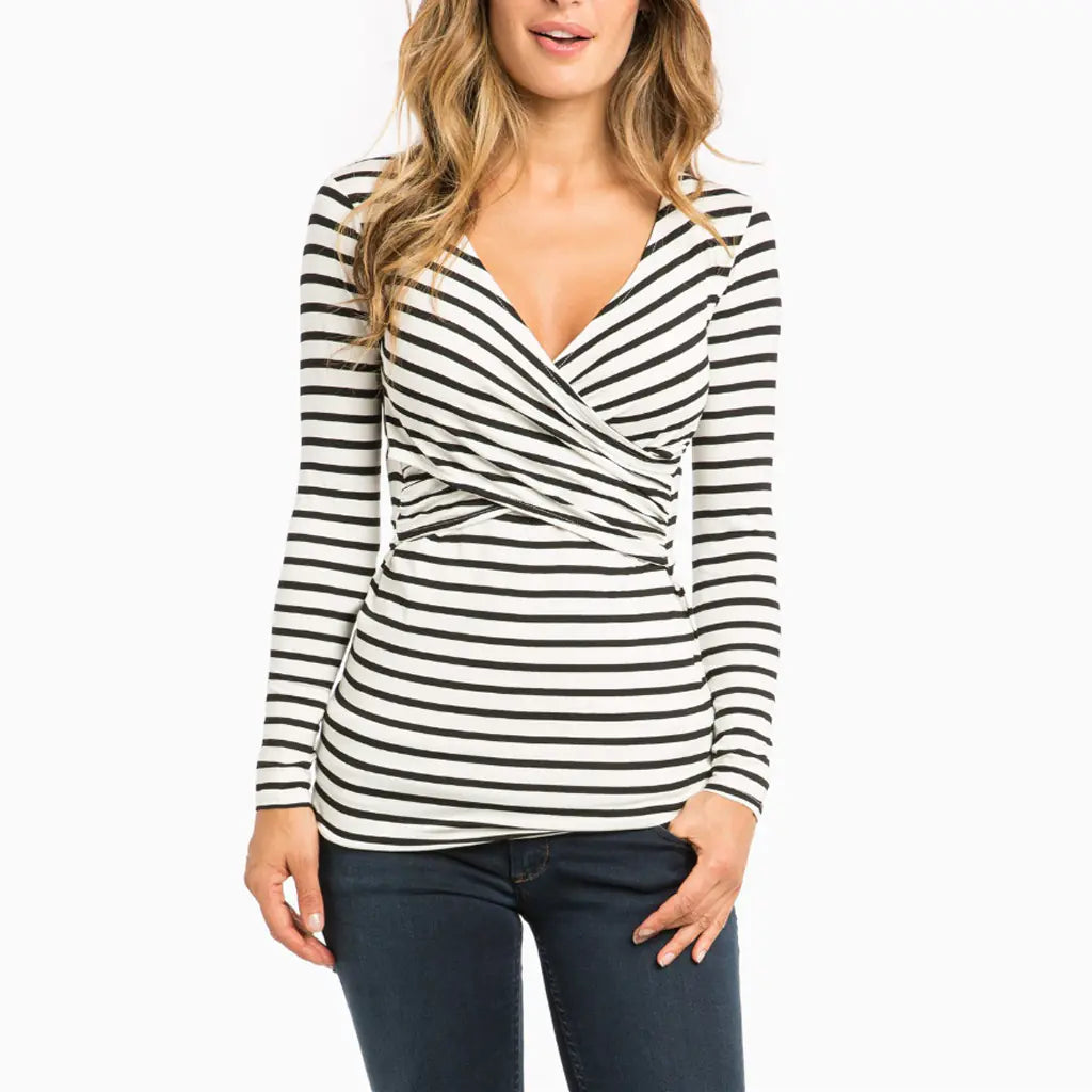 Women's Striped Long Sleeve V Neck Nursing T-Shirt - # NURSGA11110104