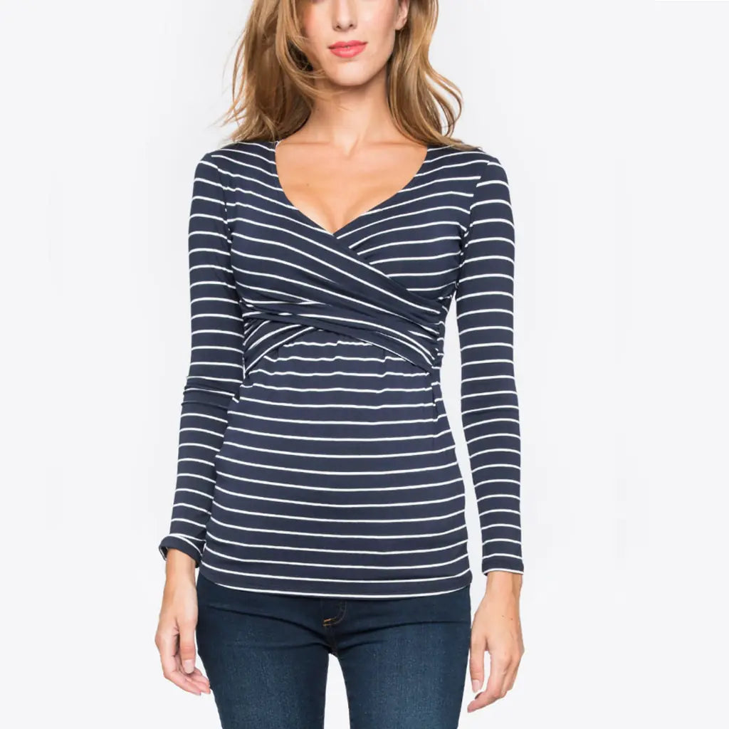 Women's Striped Long Sleeve V Neck Nursing T-Shirt - # NURSGA11110104
