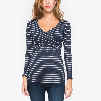 Women's Striped Long Sleeve V Neck Nursing T-Shirt - # NURSGA11110104
